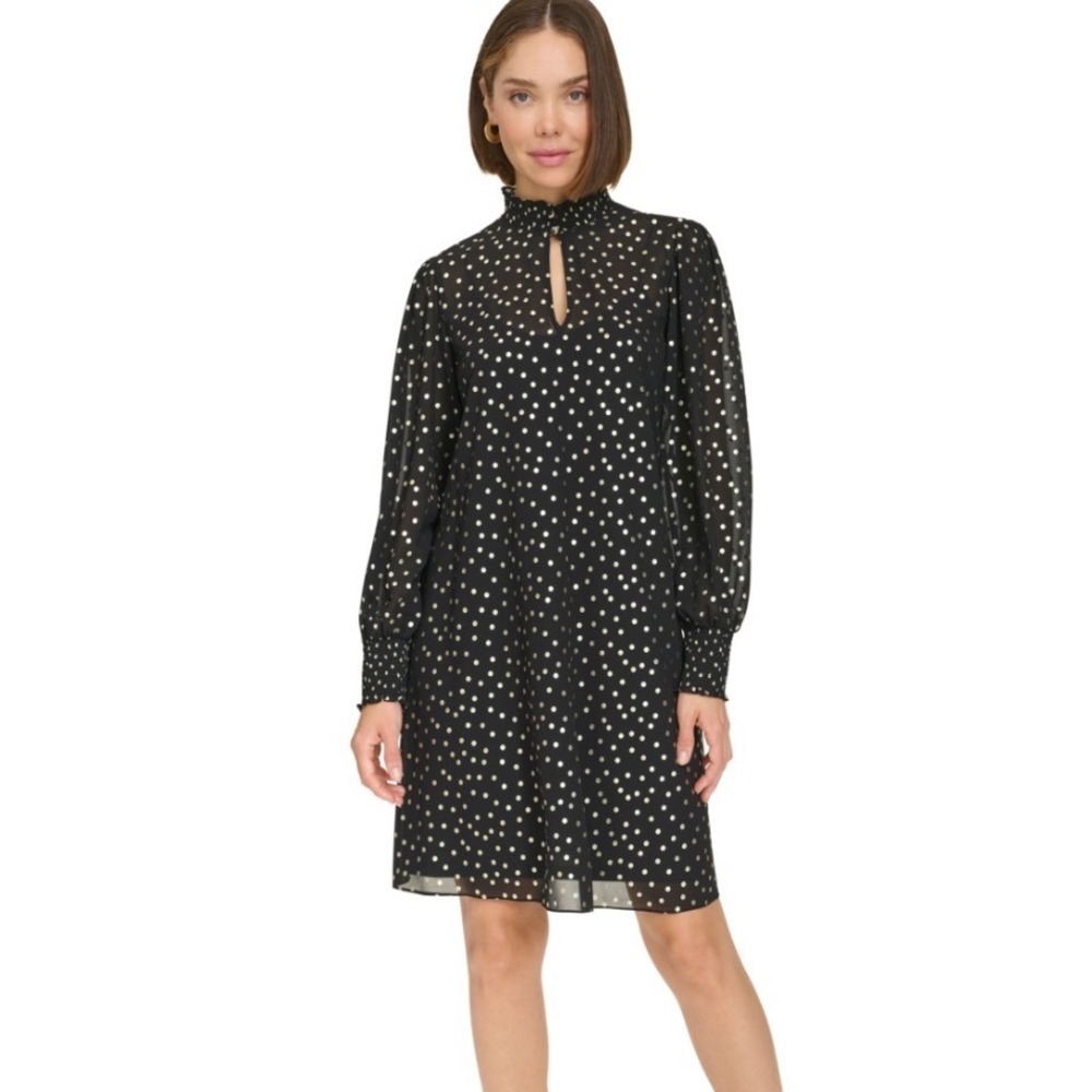 Tommy Hilfiger Polka Dot Dress Women 6 New Gold Metallic Mock Neck MSRP $139